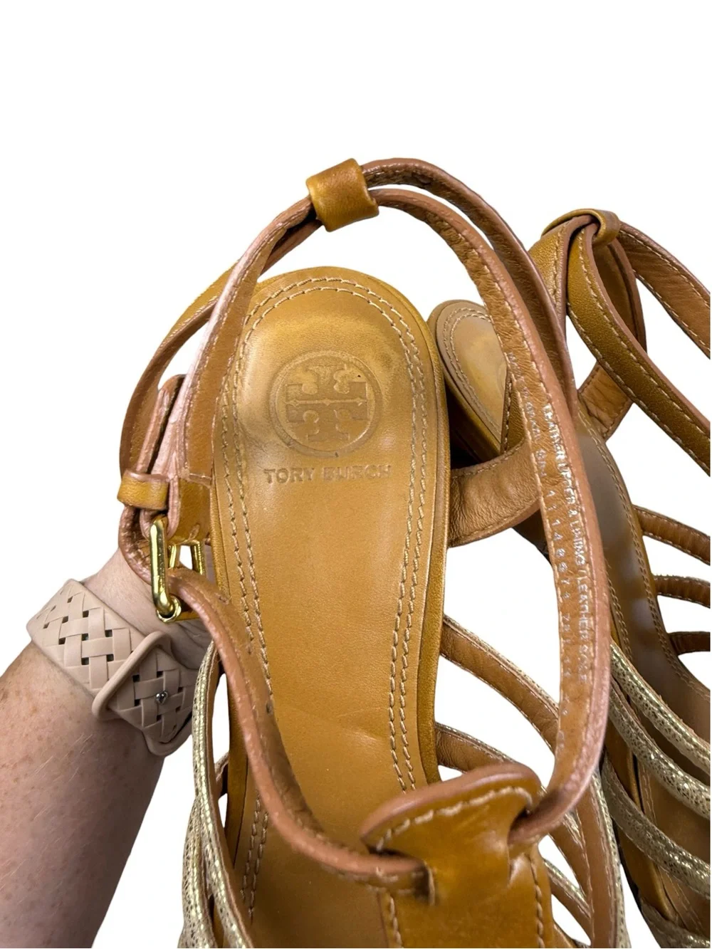 Tory Burch Charlene Caged Leather Strappy Brown Gold Heeled Sandals Sz 8.5
